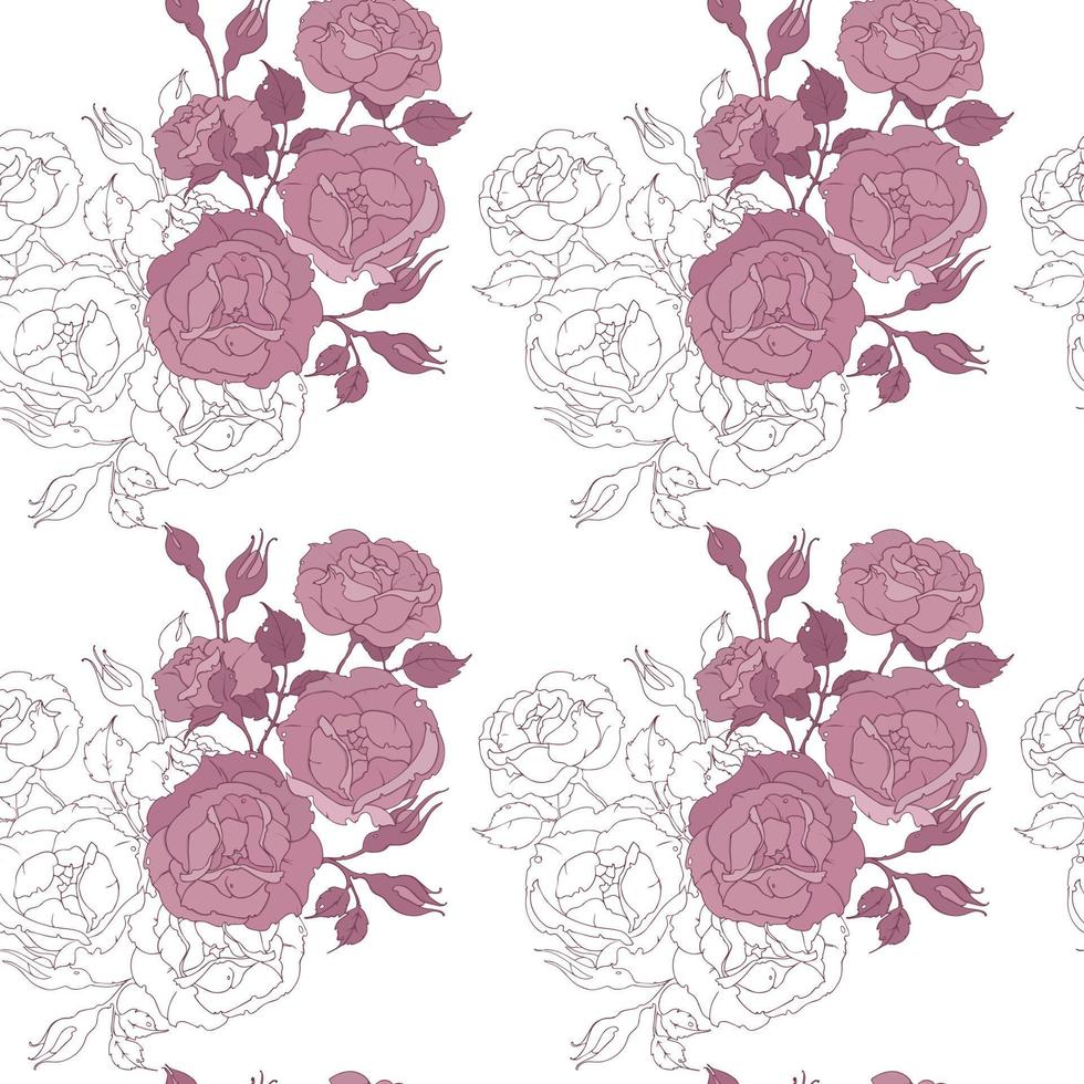 Seamless floral pattern with tender pink roses on white background. Drawing flowers and buds vector illustration for fabric, wallpaper, wrapping paper.