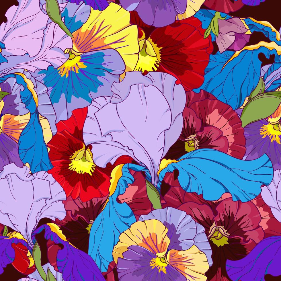 iris azules y pensamientos rojos y morados sobre un fondo oscuro. patrón de vectores sin fisuras. dibujo a mano flores ilustración vectorial.