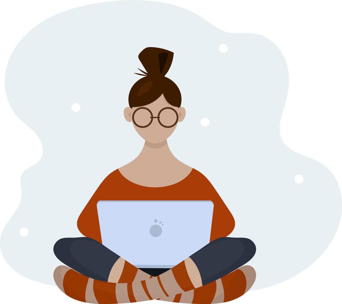 Woman with glasses with laptop sits.  flat cartoon style illustration for working, freelancing, studying, education,work from home . vector
