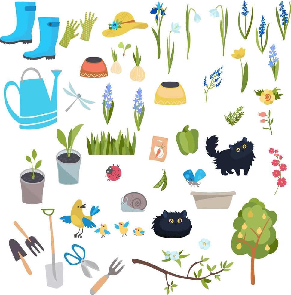 set of elements gardening, spring planting, spring flowers. Garden tools, vegetables, fruits, crops, cart, berries and other elements. vector