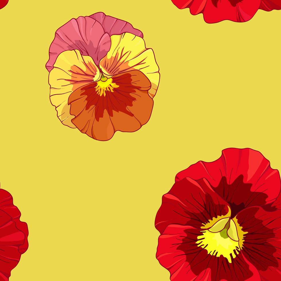 Bright red and orange flowers of pansy  on a yellow background. Seamless vector pattern. Hand drawing vector illustration.