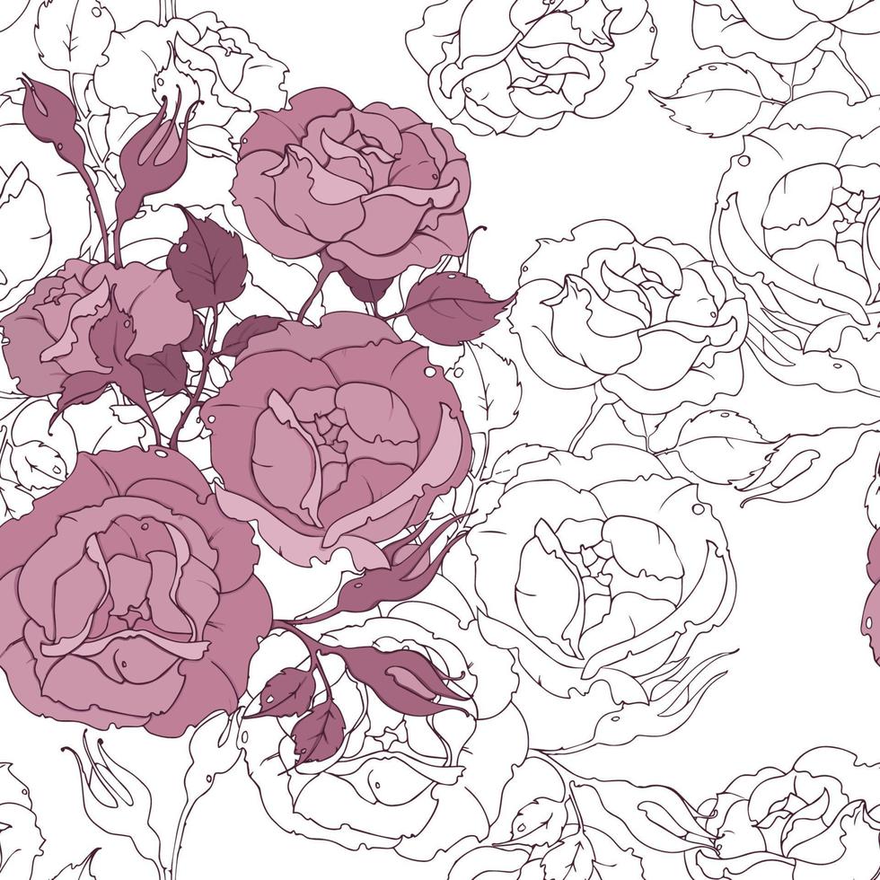 Seamless floral pattern with tender pink roses on white background. Drawing flowers and buds vector illustration for fabric, wallpaper, wrapping paper.