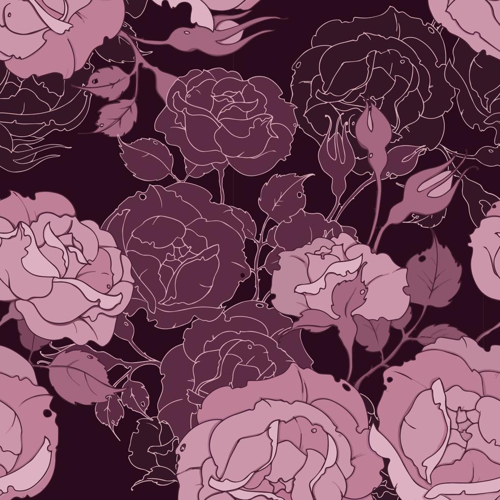 Seamless floral pattern with fawn tender pink roses on a dark burgundy background. Drawing flowers and buds vector illustration for fabric, wallpaper, wrapping paper.