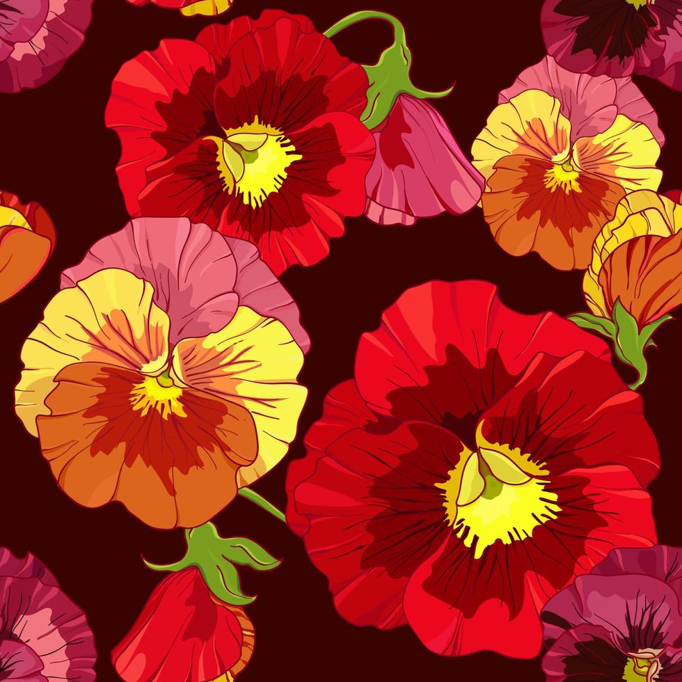 Bright red and orange flowers of pansy on a dark burgundy background. Seamless vector pattern. Hand drawing vector illustration.
