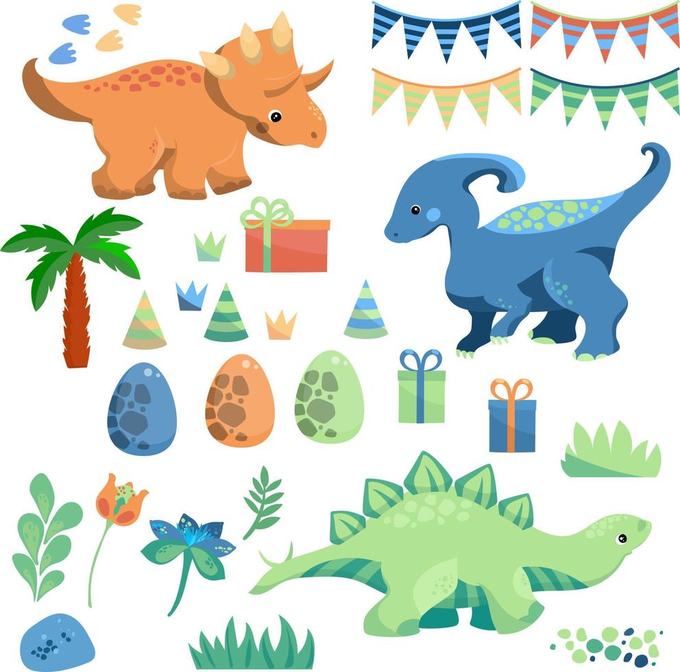 Festive set with dinosaurs. Set of happy little dinosaurs with birthday celebrate vector