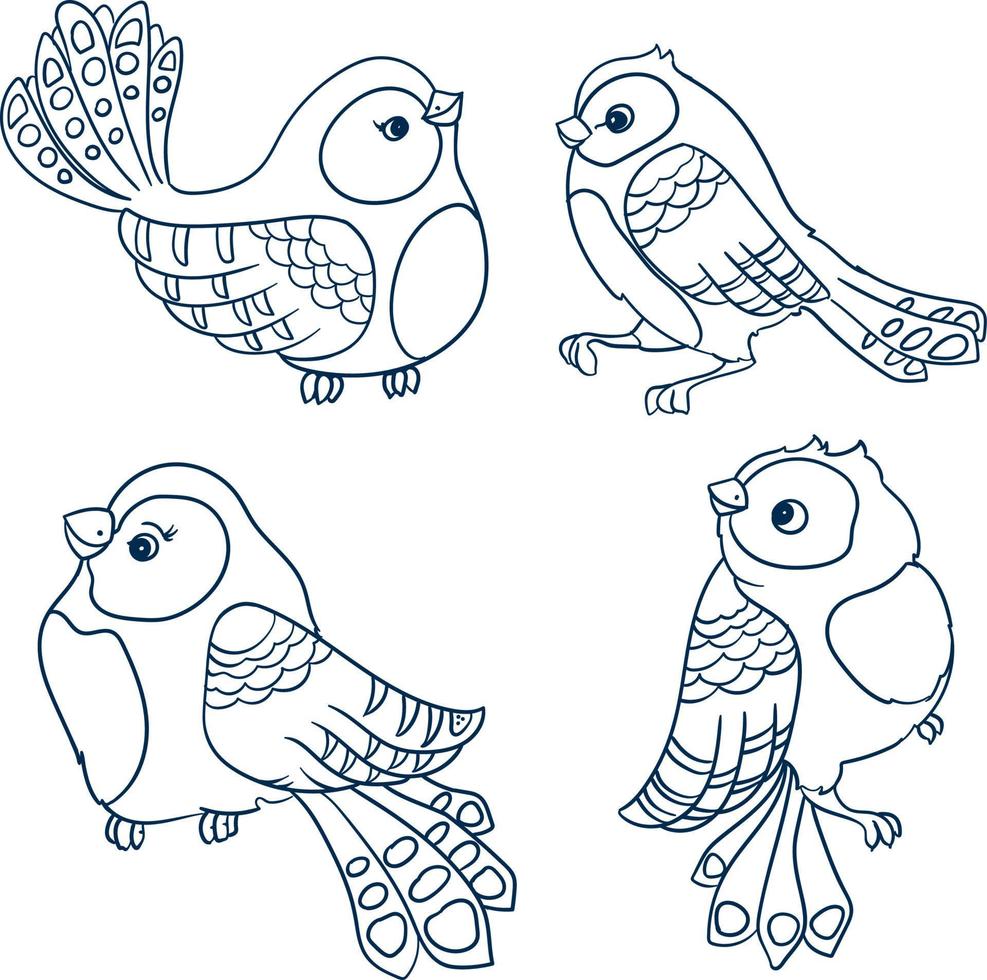 Set of four little  birds in cartoon style, hand drawing, Sketch  doodle monochrome vector illustration
