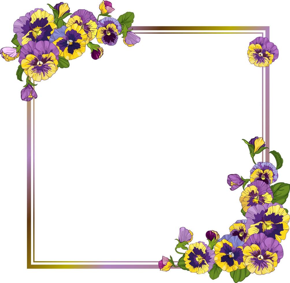 marco cuadrado con flores de pansy, tarjeta con flores de pansy coloridas, la flor podría usarse para fondo, textura, patrón, marco o borde vector