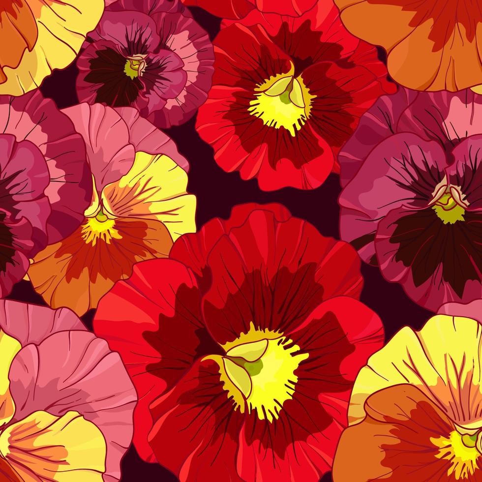 Bright red and orange flowers of pansy on a dark burgundy background. Seamless vector pattern. Hand drawing vector illustration.