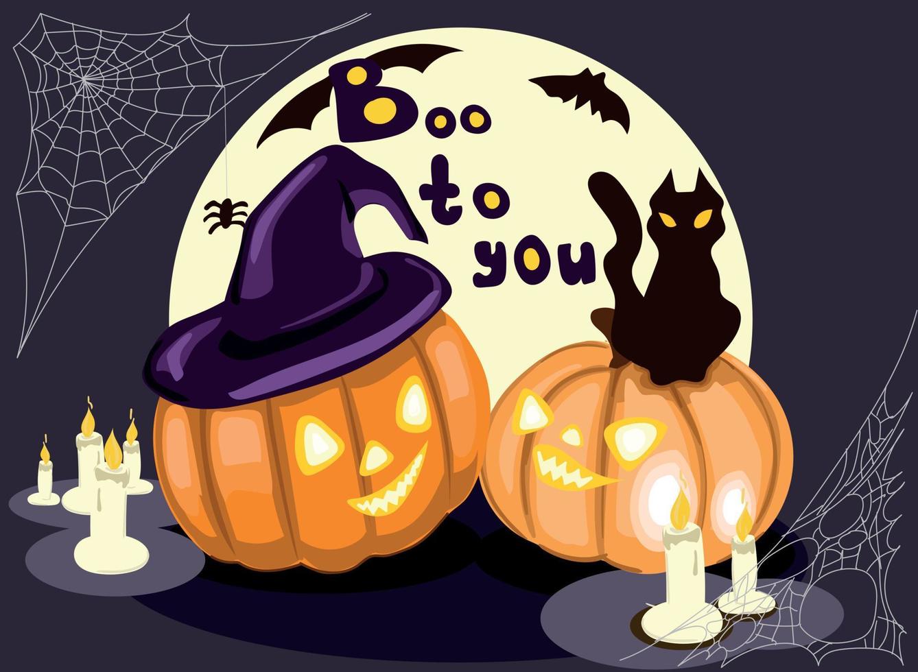 tarjeta de halloween calabazas en el fondo de la luna y un gato negro. vector