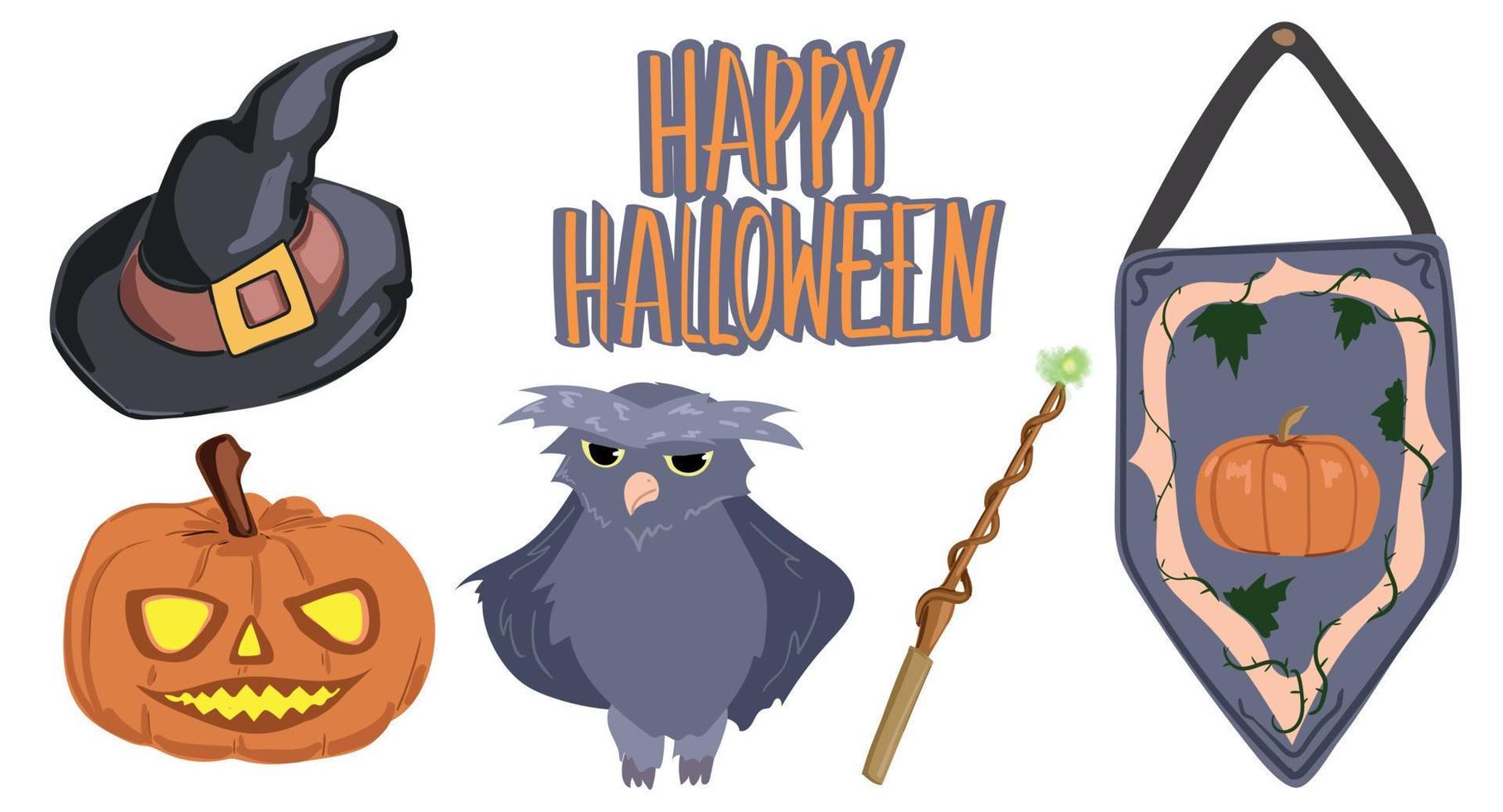 Halloween set. Magic wand, old owl, hat, pumpkin and flag. vector