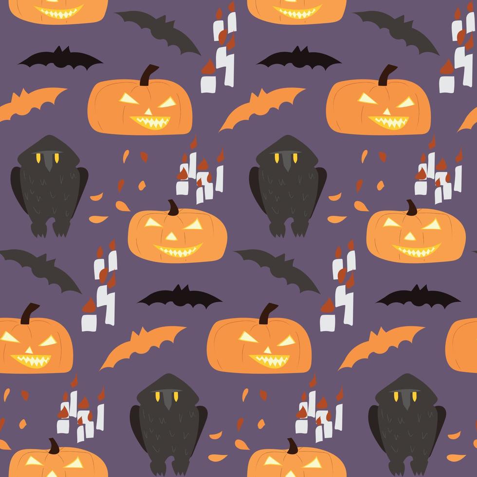 patrón de halloween sin costuras con búhos, calabazas y murciélagos. vector