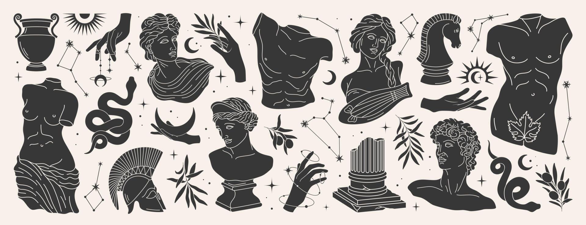 Antique aesthetics statues of mystical god, olive branches, hands, stars, ruined columns and pottery. Creative silhouette for poster design, wall, pattern. Isolated Greece statues in modern style vector