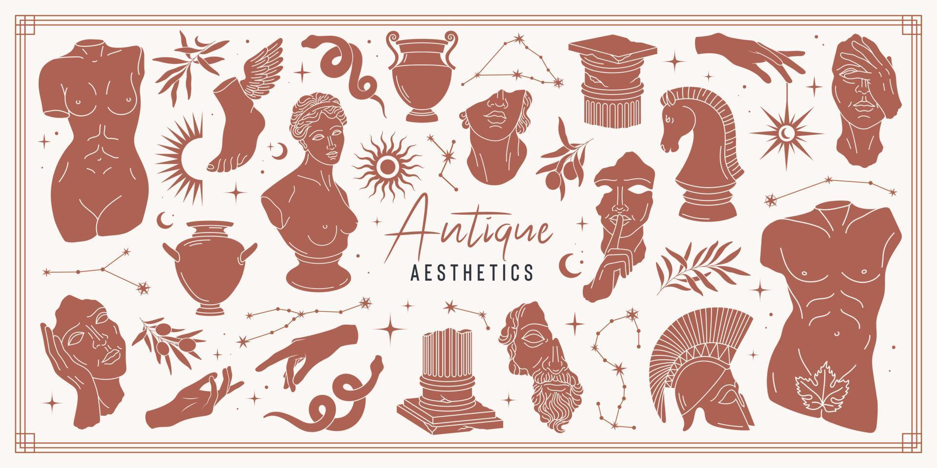 Antique aesthetics statues of mystical god, olive branches, hands, stars, ruined columns and pottery. Creative silhouette for poster design, wall, pattern. Isolated Greece statues in modern style vector