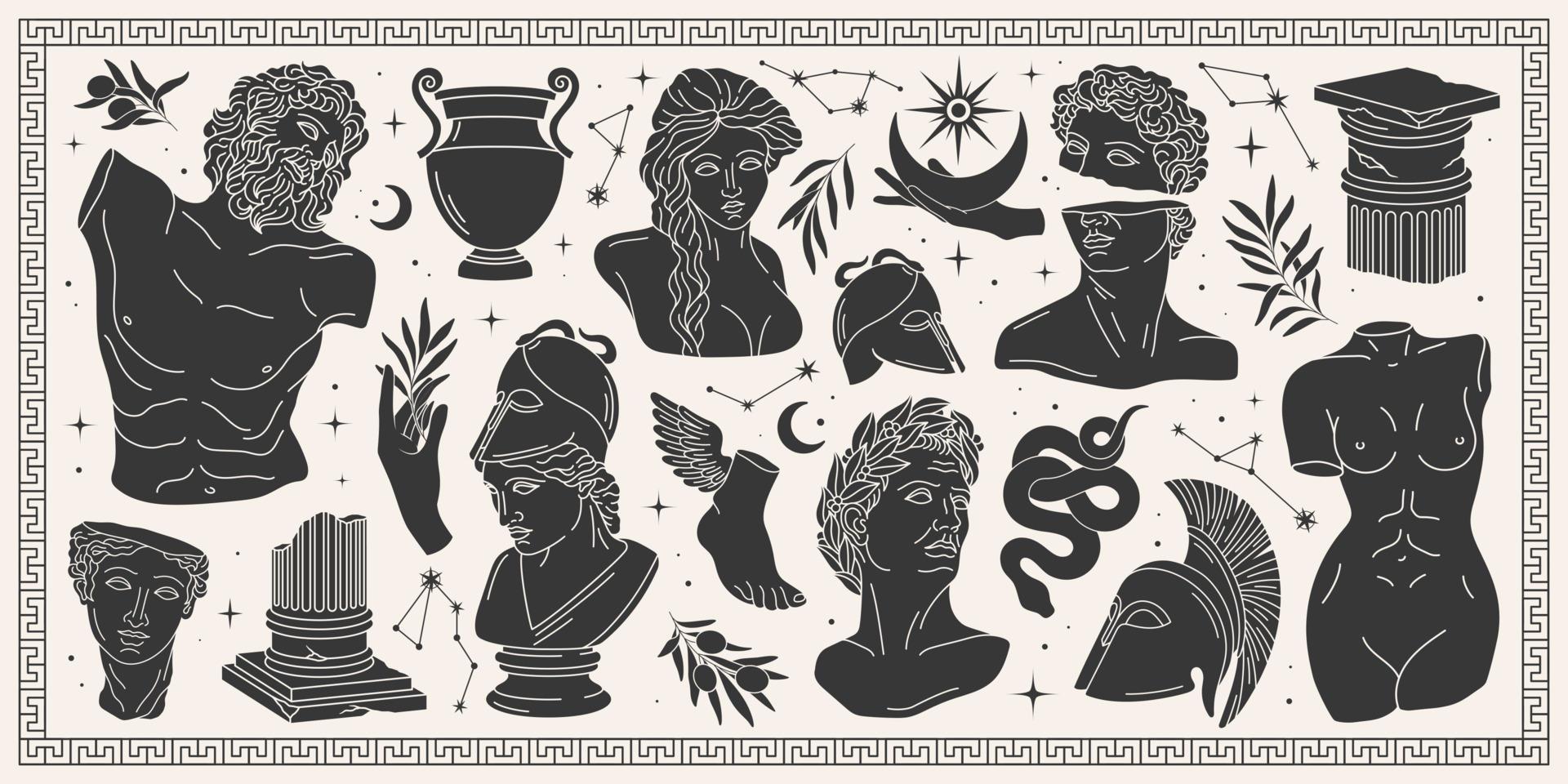 Antique aesthetics statues of mystical god, olive branches, hands, stars, ruined columns and pottery. Creative silhouette for poster design, wall, pattern. Isolated Greece statues in modern style vector