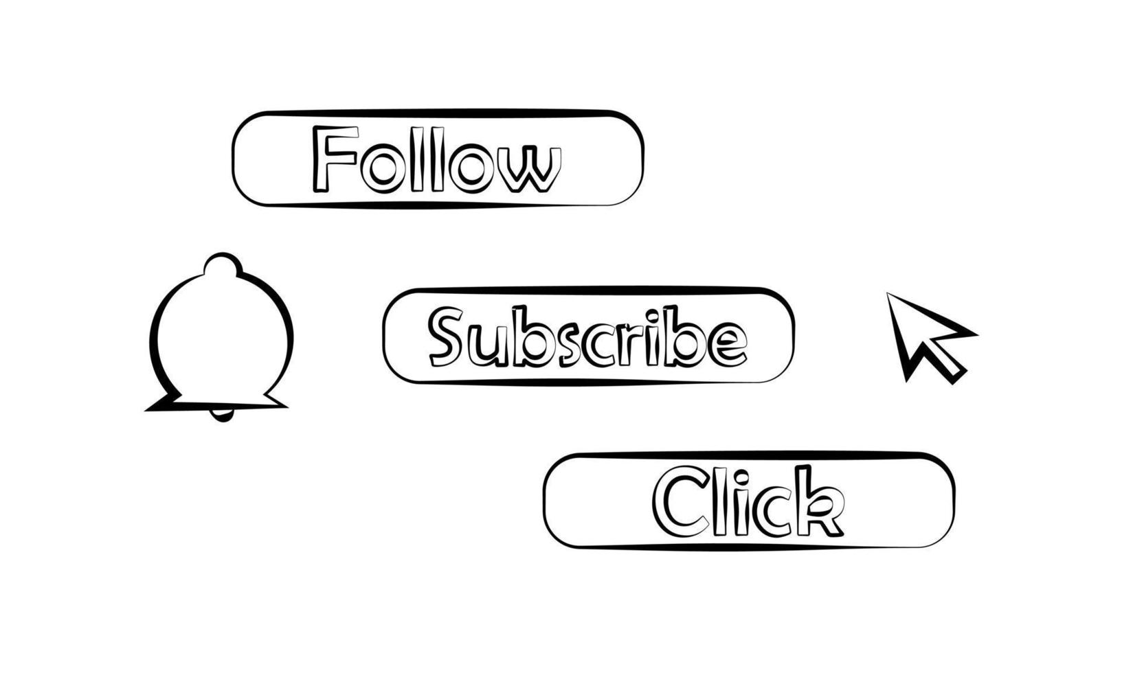 Follow us banner set. hand drawn subscribe Label with thumbs up icon. Sticker. Social media concept. bell, mouse, klik or click, Vector on isolated white background