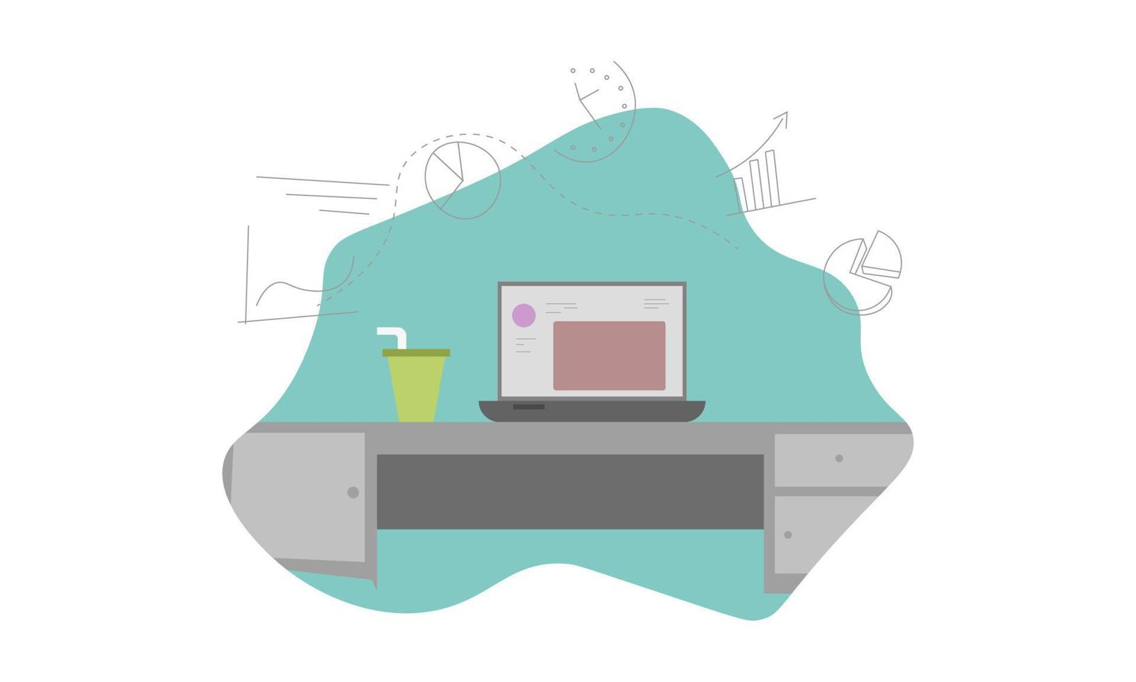 work at home illustration, laptop table and drinks Webinar concept illustration vector