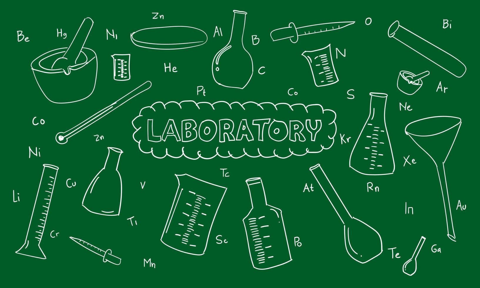 De vuelta a la escuela. concepto de laboratorio. fondo escolar con útiles escolares dibujados a mano y burbuja de habla con letras de laboratorio en estilo pop art en pizarra verde. eliminar mid para copiar espacio vector