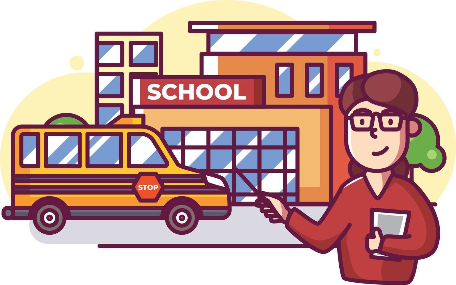 Teacher in front of school with school bus vector