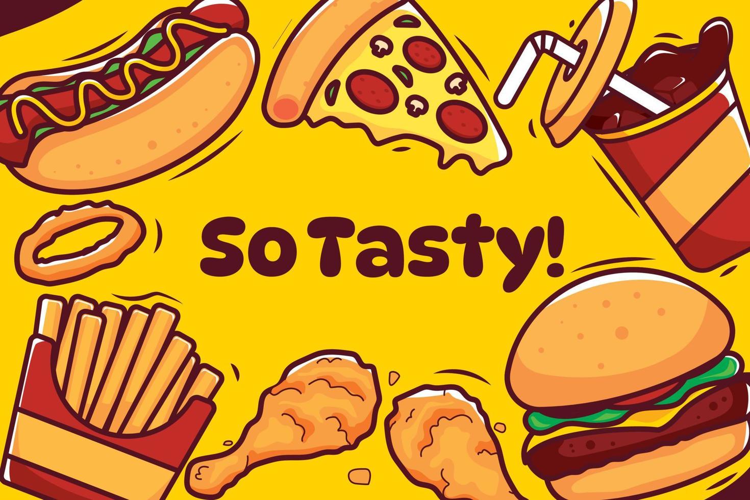 Tasty fast food illustration with burger pizza hotdog chicken fries and drink vector