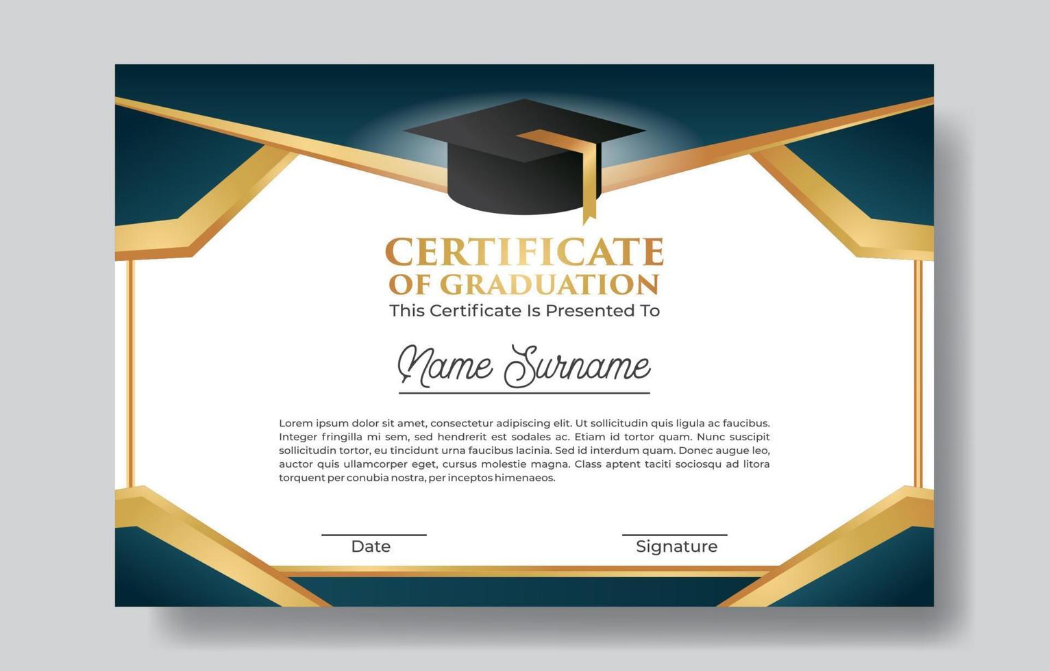 certificado moderno de plantilla de graduación con sombrero de toga vector