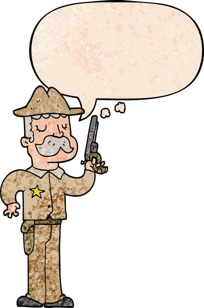 cartoon sheriff and speech bubble in retro texture style vector