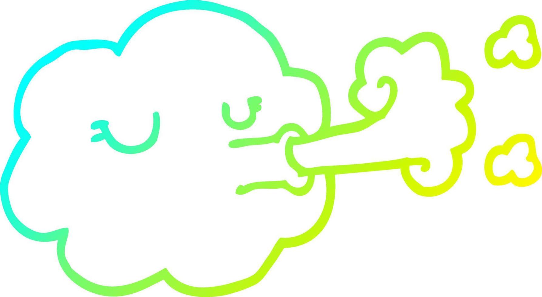 línea de gradiente frío dibujo nube de dibujos animados soplando un vendaval vector