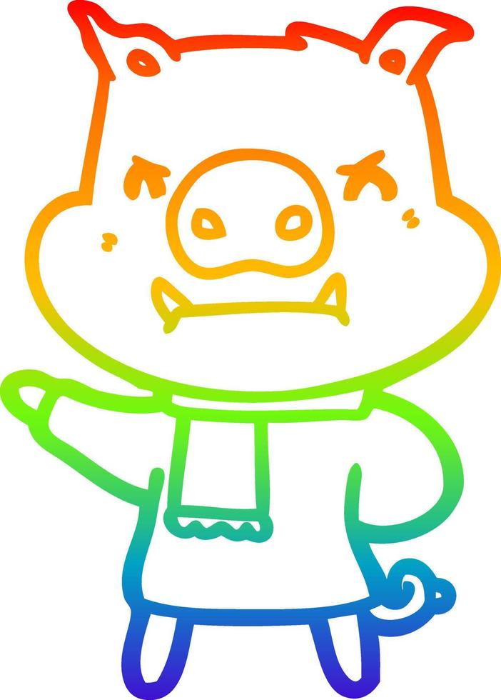 rainbow gradient line drawing angry cartoon pig in winter clothes vector