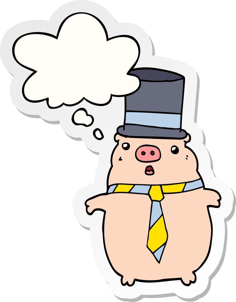 cartoon business pig and thought bubble as a printed sticker vector