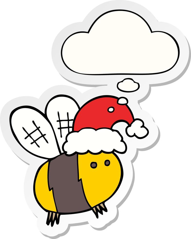 linda abeja de dibujos animados con sombrero de navidad y burbuja de pensamiento como pegatina impresa vector