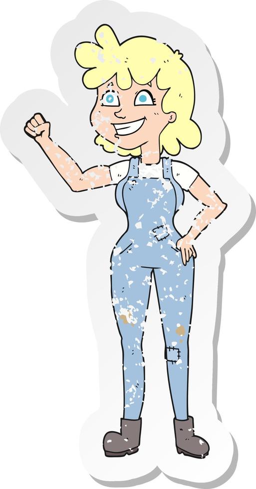 retro distressed sticker of a cartoon determined woman clenching fist vector