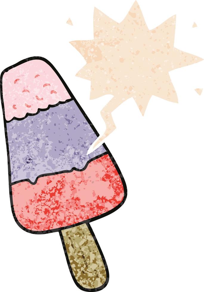cartoon ice lolly and speech bubble in retro textured style vector