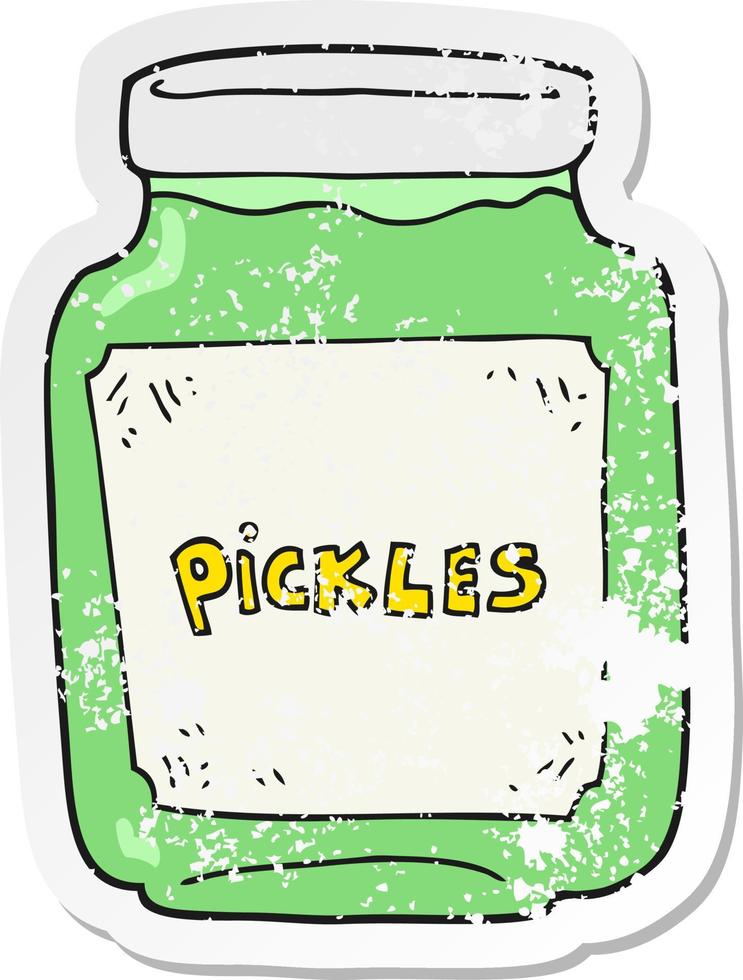 retro distressed sticker of a cartoon pickle jar vector