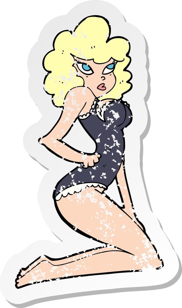retro distressed sticker of a cartoon pin-up woman vector