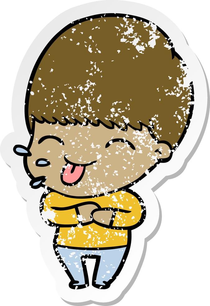 distressed sticker of a cartoon boy sticking out tongue vector