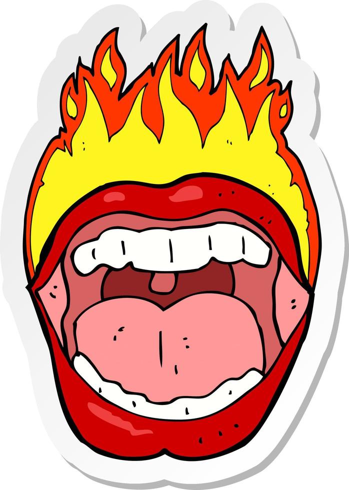 pegatina de un símbolo de boca en llamas de dibujos animados vector