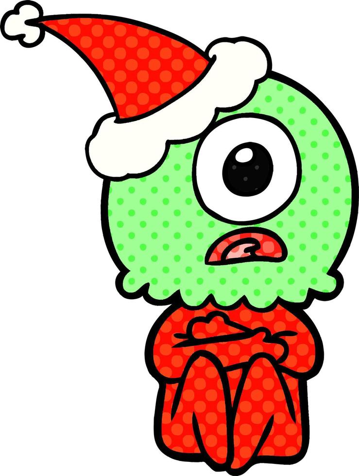 comic book style illustration of a cyclops alien spaceman wearing santa hat vector