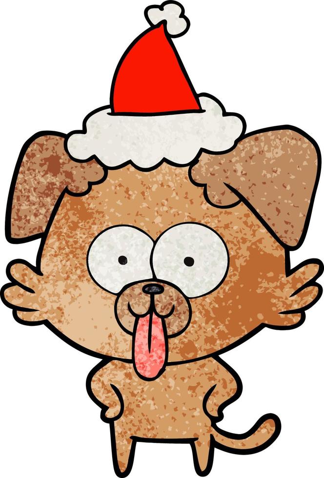 caricatura texturizada de un perro con la lengua fuera con gorro de Papá Noel vector