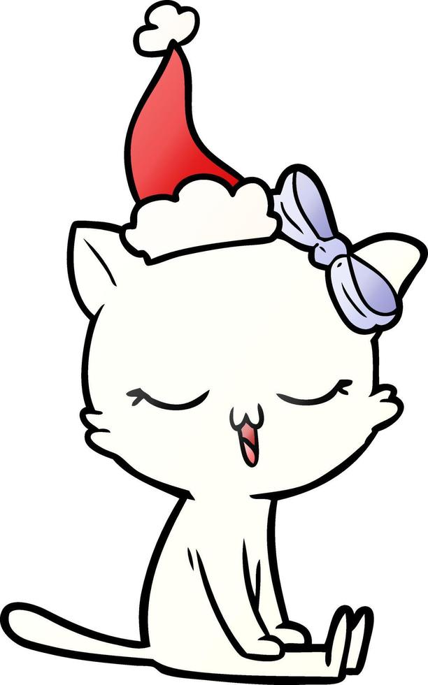 gradient cartoon of a cat with bow on head wearing santa hat vector