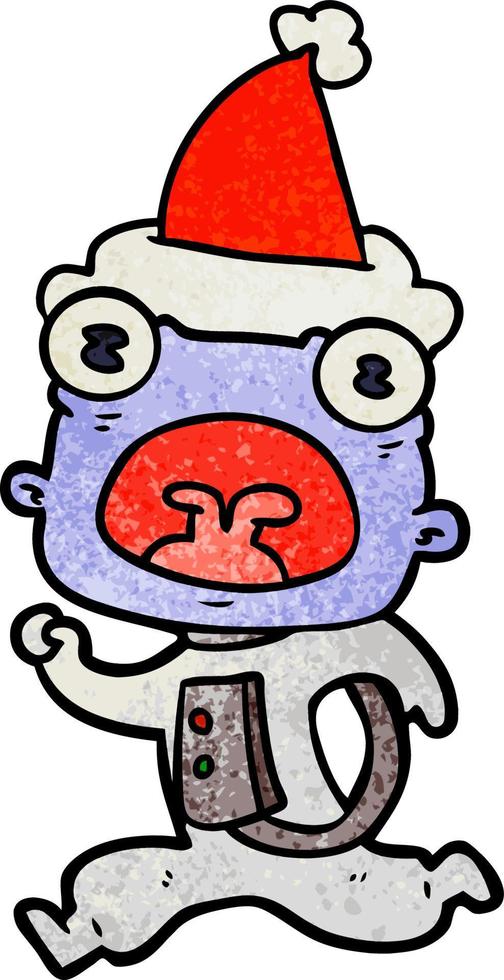 textured cartoon of a weird alien running away wearing santa hat vector