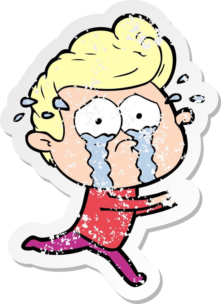 distressed sticker of a cartoon crying man running vector