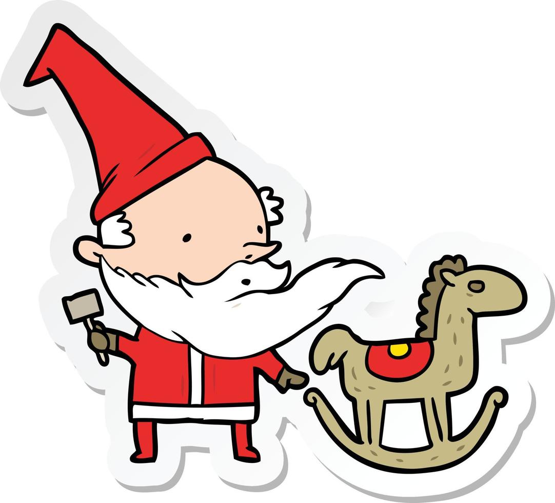 sticker of a cartoon santa making toy vector