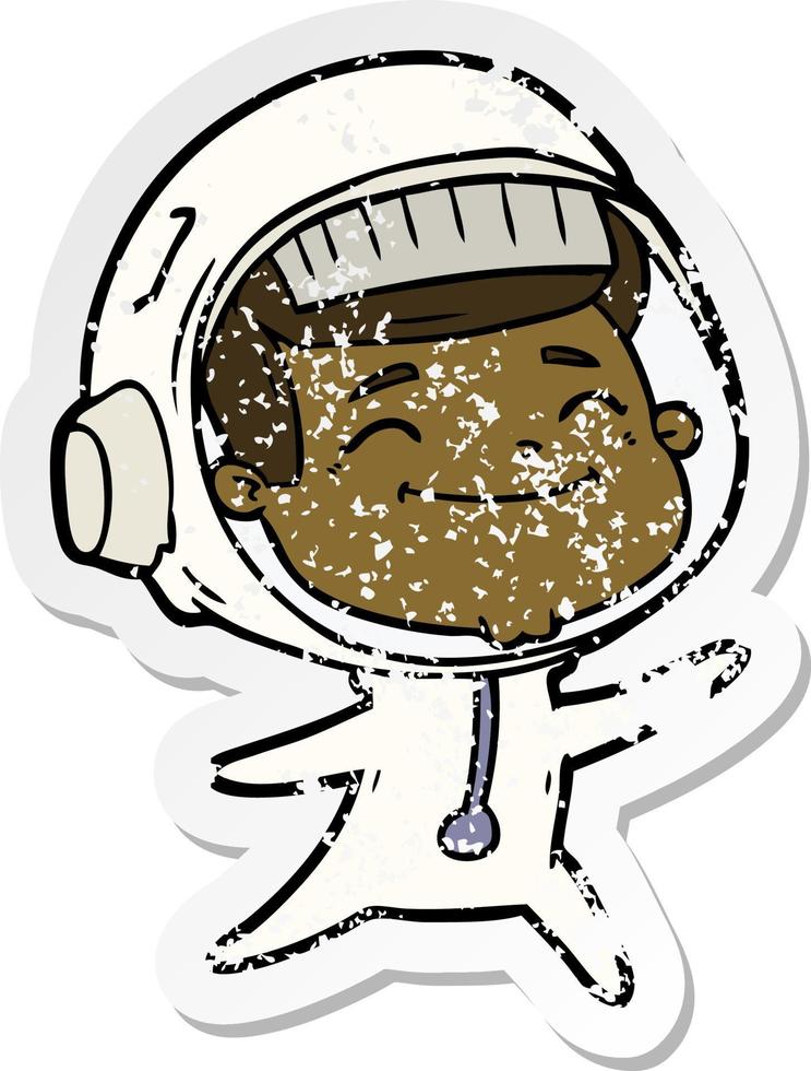 distressed sticker of a happy cartoon astronaut vector