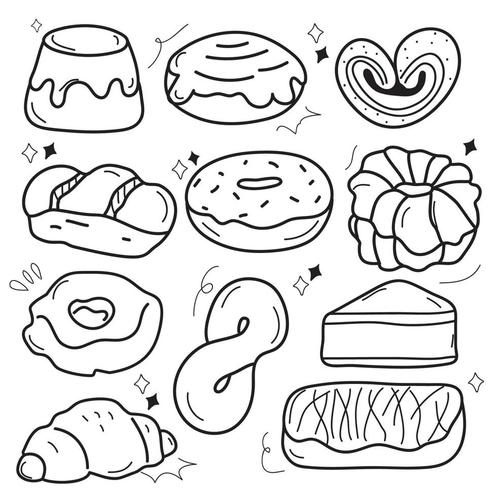 vector icon outline set bakery. Such as donuts, croissants, cookies. Isolated background. Black lines.