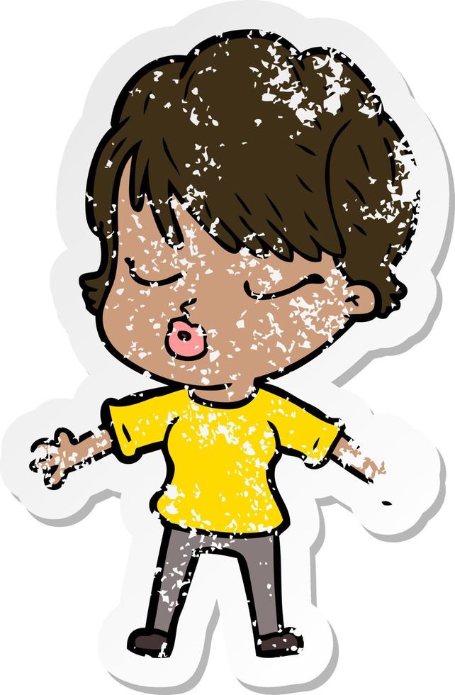 distressed sticker of a cartoon woman with eyes shut vector