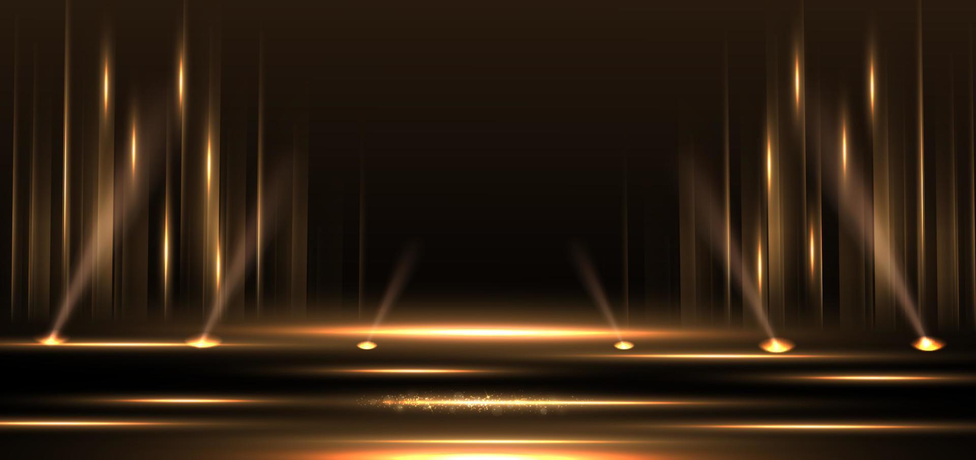 elegante escenario dorado vertical que brilla intensamente con efecto de iluminación sobre fondo negro. diseño de premio premium de plantilla. vector