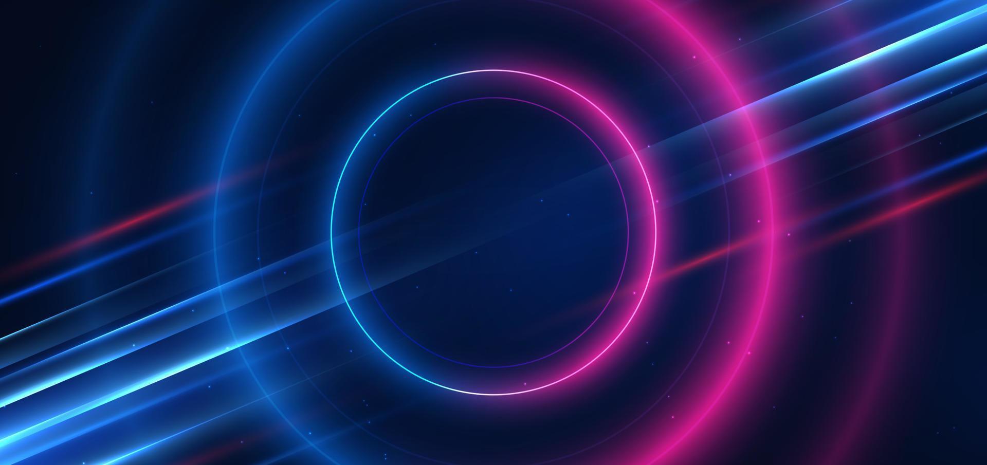 Abstract technology futuristic neon circle glowing blue and pink  light lines with speed motion blur effect on dark blue background. Vector illustration