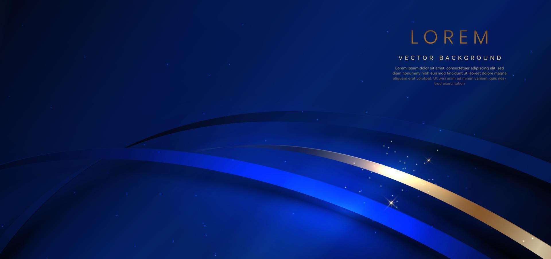Abstract 3d gold curved dark blue ribbon on dark blue background with lighting effect and sparkle with copy space for text. Luxury design style. vector