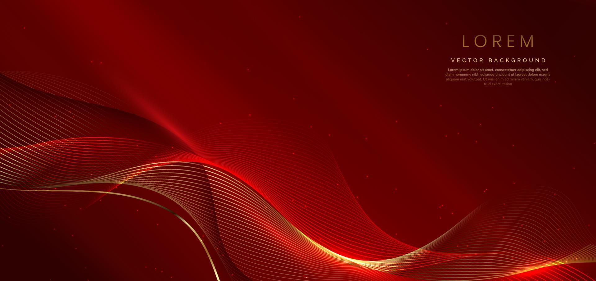 línea de onda 3d abstracta de oro y rojo sobre fondo rojo con efecto de iluminación y brillo con espacio de copia para texto. vector