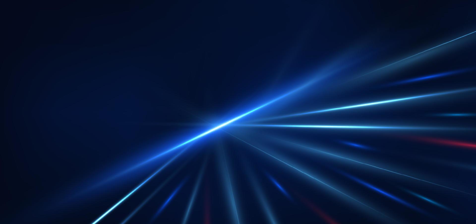 Abstract technology futuristic glowing blue and red  light lines with speed motion blur effect on dark blue background. vector