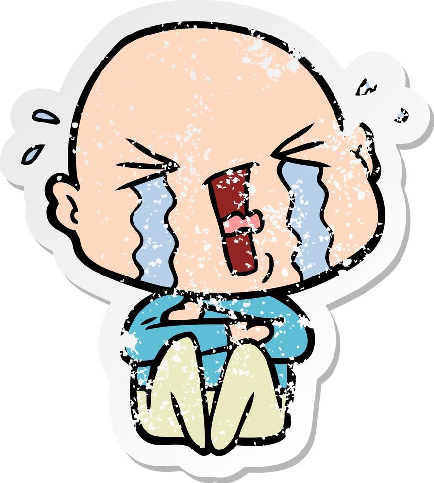 distressed sticker of a cartoon crying bald man vector